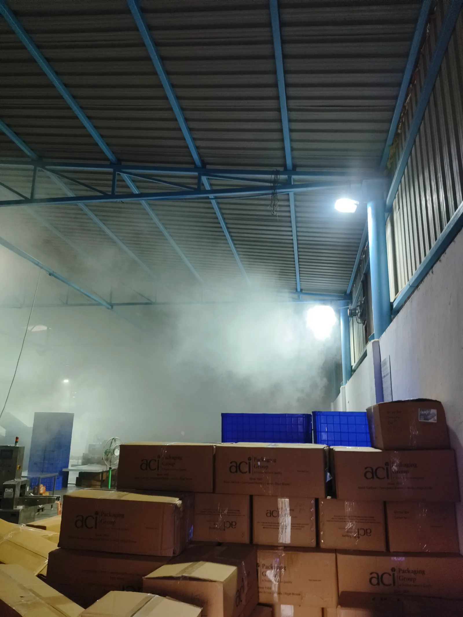 Pest-control fogging treatment inside a warehouse storage area near Vigyan Nagar, Kota.