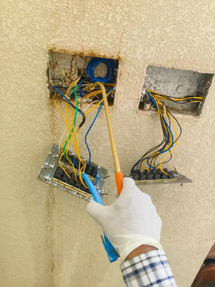 Termite treatment performed near a switched-off electrical board near Bhaleri, Churu.