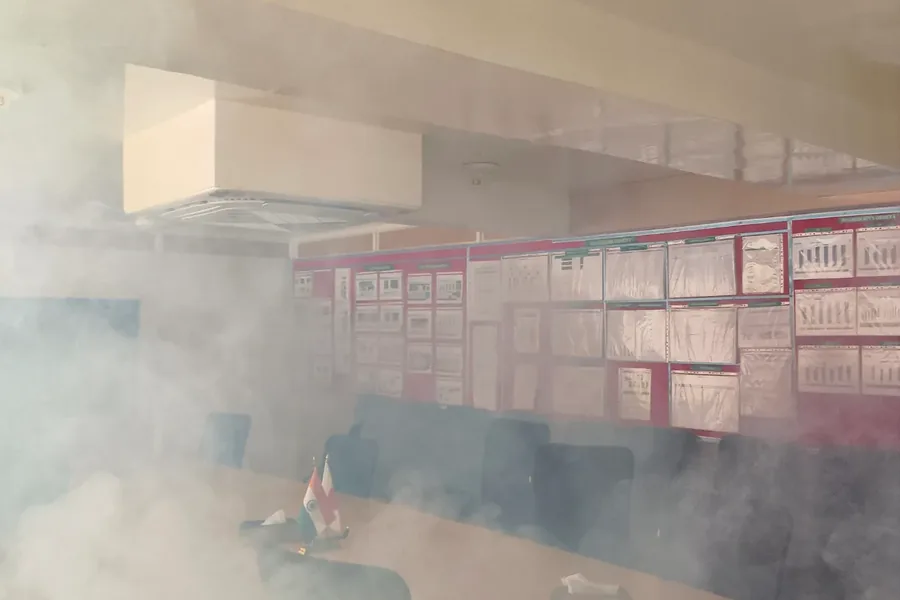 Pest Control For Offices Commercial Buildings service context: Pest control fogging performed inside a commercial.